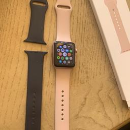 Apple watch series 2 42mm rose gold with 3 Original Sports Bands (bought with navy originally, then bought the white and pink sand sports band afterwards for £50 each from Apple)

Condition is Used but looked after very well. Charger included and original box for watch and all sports bands.

The grey mark in the upper right corner of the screen is not actually a mark - its the screen protector I have on there. The screen is in mint condition.

Dispatched with Royal Mail 1st Class.