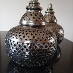 2 x Moroccan candle lanterns in silver. RRP £9.99 each from The Range. Shown next to pepsi can for size. Can post for additional charge.