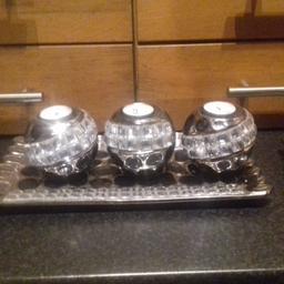 silver 
bling 
candle holders on tray