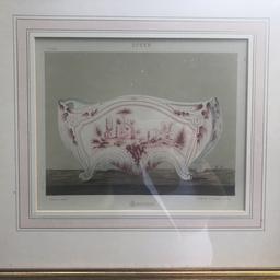 Lovely antique style print of French serving dish - pink and white - in gold frame . 51 x47 cms