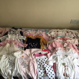 0-3 months & 3-6 months items

17 x Short Sleeve Baby Grows
16 x Long sleeve baby grows
7 x Shirts
5 x Trousers
4 x Dresses (Never Used)
2 x Cardigans 
1 x Sleeping Bags
1 x Jumper
1 x Jacket (never used)
3 x Tights (never used)
6 x Socks