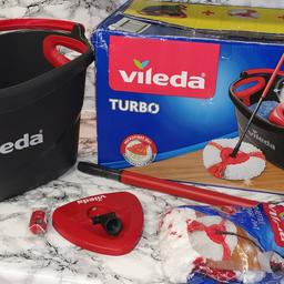 Vileda Turbo Microfibre Mop and Bucket Set, Removes Over 99% of Bacteria .

Condition is New.  

Opened but not used.

Mop and bucket set with foot pedal operated wringer for more efficient floor cleaning

    The foot pedal allows you to control the amount of water in the microfiber mop, depending on the type of floor you need to clean

    Easy carry handle for ideal balance

    Integrated front spout makes the bucket easier to empty

    Telescopic handle extends from 55 - 130 cm