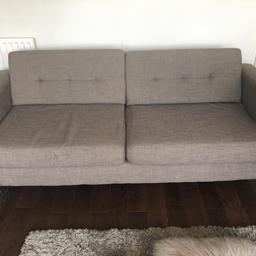 2 seater sofa x2 grey width 34 length 79 and height 25 has a few marks on arms and one of the cushions zip has broke can easily be repaired. Covers
Come of so you can wash them . Pick up only