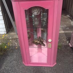 Beautiful shabby chic corner pink cabinet with glass shelves in it lights up in excellent condition would look nice in a bathroom or in a kitchen or bedroom grab a bargain