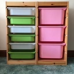 Lovely pine storage units from Ikea including plastic storage boxes. In excellent condition. Assembled. To sell for £27 each. Each one measure 44 x 30 x 91 cms.