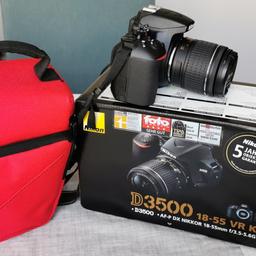 Nikon D3500 18-55mm VR Kit f/3.5-5.6G. Dazu Ladegerät, SD Speicherkarte, schutztasche rote Farbe, plus 4 Jahre Garantie noch. Ganz wenig benutzbar, wie neue.