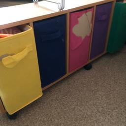 117x43x23 cm ( length, height and width). Storage boxes covered with fabric ( some have torn fabric)