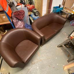 Brown faux leather chair and sofa 
Very good condition few cosmetic scratches but no rips anywhere 
Collection only