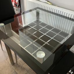 BEEN REDUCED AS NEW WITH NO MARKS OR SCRATCHES IN EXCELLENT CONDITION. THE TABLE AND CHAIR LEGS ARE IN CHROME MEASUREMENTS 85cm SQUARE. WOULD ACCEPT ANY REASONABLE OFFER