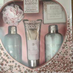 Baylis & Harding pink Prosecco and cassis fragrance gift set
Brand new and still in original packaging 
Includes body polisher, body wash, hand and body lotion, shower cream, soap