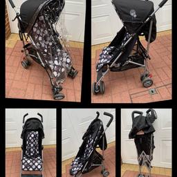£10
Mother care stroller Nanu edition

Black and grey
With rain cover (very easy to fit)
Has a separate black footmuff (bought separately but can have for free)
Umbrella style fold down with carry strap.
Has Mosquito net for the summer days