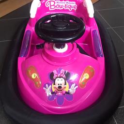 Barely used. Never been outside,  wheels are like brand new. Flashing lights and sounds. Perfect working order. A perfect Christmas present.  Collection only. No holding.
RRP: hamleys  £99! 
The Disney Minnie Mouse Bumper Car has a unique 360 degree turning motor, flashing lights and sounds. It has a maximum speed of 2 mph and a running time of 90 minutes. The Disney Minnie Mouse Bumper Car Car comes complete with charger.