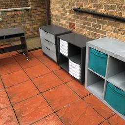 Free if required. Grey 3 drawer unit , cube storage with 2 white and grey boxes , ikea kallax unit painted same grey as drawers with four turquoise boxes and a grey desk . Furniture has marks on as it was my young sons bedroom furniture. Free to anyone who wants it but needs collecting Saturday 3rd or Sunday 4th . Will split if only some required