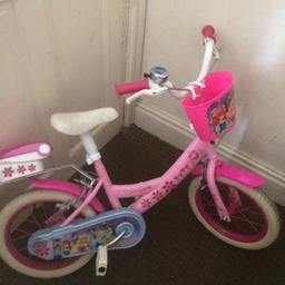 Disney Princess bike with front basket and a back basket to put stuff in . Also comes with two stabilisers if u want to put them on . Paid £140 for the bike