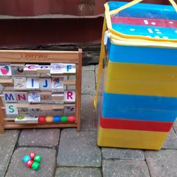 A nice trio of childrens play toys including childs large plastic domino's set, some picture dice & an educational toy. 07786--012316
