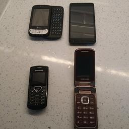 4 mobile phones 
2 Samsung
1 Windows phone 
1 HTC with slide out key pad 

£10 ONO

sorry no chargers 

but all turn on and working