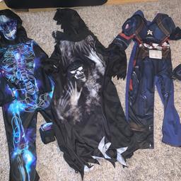 3 different costumes 2 Halloween ones
Skeleton costume age 5-6
Skeleton black pullover costume age 5-6
 Also one Captain America costumes with mask age 5-6

*** Free ***