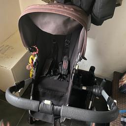 Bugaboo donkey, condition is used, one of the wheels needs a new inner tube which can be picked up cheap
Tires have wear on them as shown in the pictures
Basket has pull marks where friends cat scratched it also shown in the pictures
Does come with box, two seats, basket & carry cot
Black hood, two extra blue hood & blue cosy toes