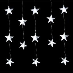 Each curtain light features 4 strands with 6 LED stars on each strand. Suitable for indoor and outdoor use. Mains operated. Size: W1.2m x 80cm drop. Lead length 5m. Available in blue or white