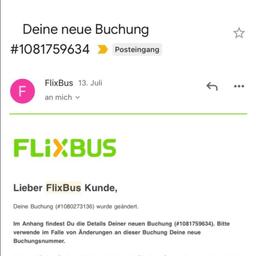 Ich verkaufe meinen Flixbus Gutschein wird von mir leider nicht mehr benötigt . Preis ist verhandelbar 
Gültig bis 13.07.21