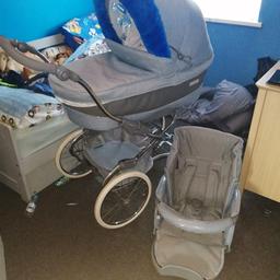 Comes with carry cot mattress apron toddler seat chest pads and raincover use for a month immaculate condition only few scratches on the wheel caps other then that immaculate need gone as I have got a new one for my little one fur and charms not included sorry any question please ask thanks xxx❤️😍 willing to swap too for right pram xx willing to take offers too 💖 p