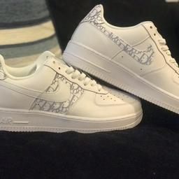 I have a pair of Uk size 10 custom made Air force 1's. They are brand new and not worn at all. The dior pattern is luminous so shines in certain lighting.