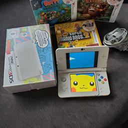 'New' Nintendo 3DS
Excellent condition like New
Comes with box and charger (one peg broke on charger but still works as shown in photo of it charging, we left it in a designated socket)
Changeable case covers (includes a super smash bros case)
4x Games (Pokemon rush, Super Mario Bros 2, Putty Squad and Donkey Kong)
Can post if cost covered.