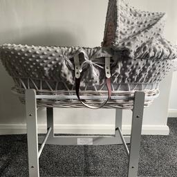 Grey and white Moses basket with a rocking stand in very good condition. It’s hardly been used. Comes with a mattress and a cover. The covers have been washed.

Smoke free/ pet free

Collection only please or will deliver for a fee.