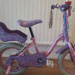 14” bike for girls. Lightly used. In very good condition. Comes with stabilisers, front and rear mudguards, handlebar plaque, dolly carrier and handlebar tassels. Assembled Weight: Approx 10 kg.