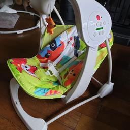 fisherprice woodland swing in good condition. Vibration, music & swing motion with six different settings. Fully removable cover and foldable frame . RRP : £84.99 .