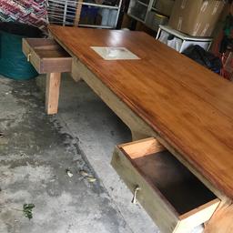 Very large desk ; possibly Oak? Approx 6ft 4 inch x 3 ft 3 inch ; 2 drawers . The top also lifts off .Solid piece of office furniture . Ideal home or large office or can be used as a dining table if required. Light restoration would make perfect . This is the type of quality desk Drew Pritchard would buy . Don’t miss it at £270 Viewing Recommended . Tel 07971830592