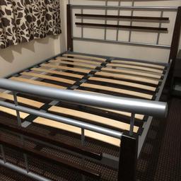 In great condition dark brown wood sliver metal frame bed overall size L/197cm W/159cm H/110cm floor to foot 34cm will be dismantled flat all nuts and screws for resemble, pick up only thanks.