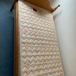 Single bed solid pine wood with mattress. Brass screws together so easy to transport.hardly been used as only for visitors. The slats are 3/4 inch thick no broken all good