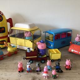 Peppa Pig rocket
Peppa Pig camper van
Miss Rabbit’s school bus
Peppa Pig push & go car
Grandpa Pig’s train
Rocket & duck train
10 Peppa Pig characters
All in good condition with some scuffs from indoor play and storage.