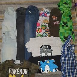 1x black skinny jeans - next
1x blue standard leg jeans - f&f
2x pairs denim shorts - primark
1x checked long sleeve short - primark
3x jumpers - pokemon (slight wash bobbling) army pattern & Minecraft hoodie (7-8 on tag but small fitting)
3x tshirts - pikachu, sonic & sequin changing skull - primark

collection from S9 near meadowhall
