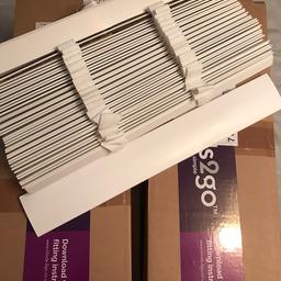 6 boxes of white wooden Venetian blinds with white tape. Brand new in box. Only selling as wrong size. Please check out my other items. More blinds available. Can confirm cost of courier if necessary.

Width: 42.1cm
Length: 147.3cm
Slay size: 50mm
Pull cord
White tape