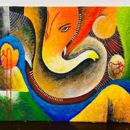 Abstract Ganesha painting with texture and bright acrylic colours on 18x 24 inches