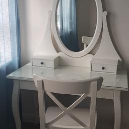 Good condition IKEA Hemnes Dressing Table with removable glass top and large draw. Mirror unit has two smaller draws. Chair has slight marks on it and there is a small chip at the very bottom on one of the dressing table legs. Cost over £200 new for this set. From a smoke free home, also have IKEA double bed listed. Collection from Nuneaton area or can possibly deliver for a small charge.
