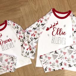 our gorgeous personalised Christmas pyjamas available in two designs and in sizes from 6-12 months up to 7-8years old. Fully personalised and great quality. £12 per pair with free delivery within 3 miles otherwise postage is £3.50 via Hermes couriers.