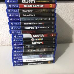 All games in good working order with all instructions, cases etc. bargain for the lot, will post also if paying via PayPal.. fees and postage to be added ..don’t send payment by sphock payment as will not accept. Send offer thanks ..

Red Dead redemption 2 
Grand theft auto 5 
Drag on Inquisition 
Call of duty ghosts, black ops 3 and advance warfare
Bound by flame
Sniper elite 3
Mafia 3
Far cry 4
Titanfall 2
Diablo
FIFA 14
Shadow of Mordor
Days gone
Battlefield 4
The Witcher wild hunt