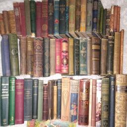 Over 60 vintage/antique books. 1950's to 1800's some with dated inscriptions or prize labels.  Various subjects, some reference, poetry, novels, old map of London. Various states of condition as seen in photos. Collection only. Social distancing rules apply.