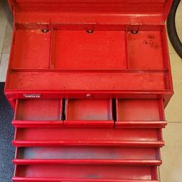 Tool chest as pictured , all drawers work as they should, good sturdy chest as you can see its had a bit of a spray/paint over not the greatest but looks ok ! as expected dents/other ! it is what it is ! works and useful ( no key for lock ) !