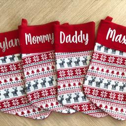 I get asked a lot about personalised stockings. Here we have our personalised stockings that are personalised with silver glitter writing and are so lovely. They also match the personalised pyjamas perfectly. They are £6 each or 2 for £10. Free delivery within 3 miles radius or happy to post for £3.50 via Hermes couriers.