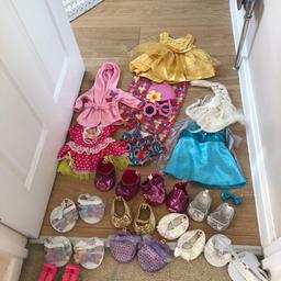 Here are a lovely collection of shoes and outfits to fit build a bear
10 pairs if shoes
Bikini outfit with towel
Elsa outfit with hair
Gold belle outfit matching shies
Dress
Dressing gown

Ideal for Christmas
Come as a bundle
No splitting
Collection from wordsley