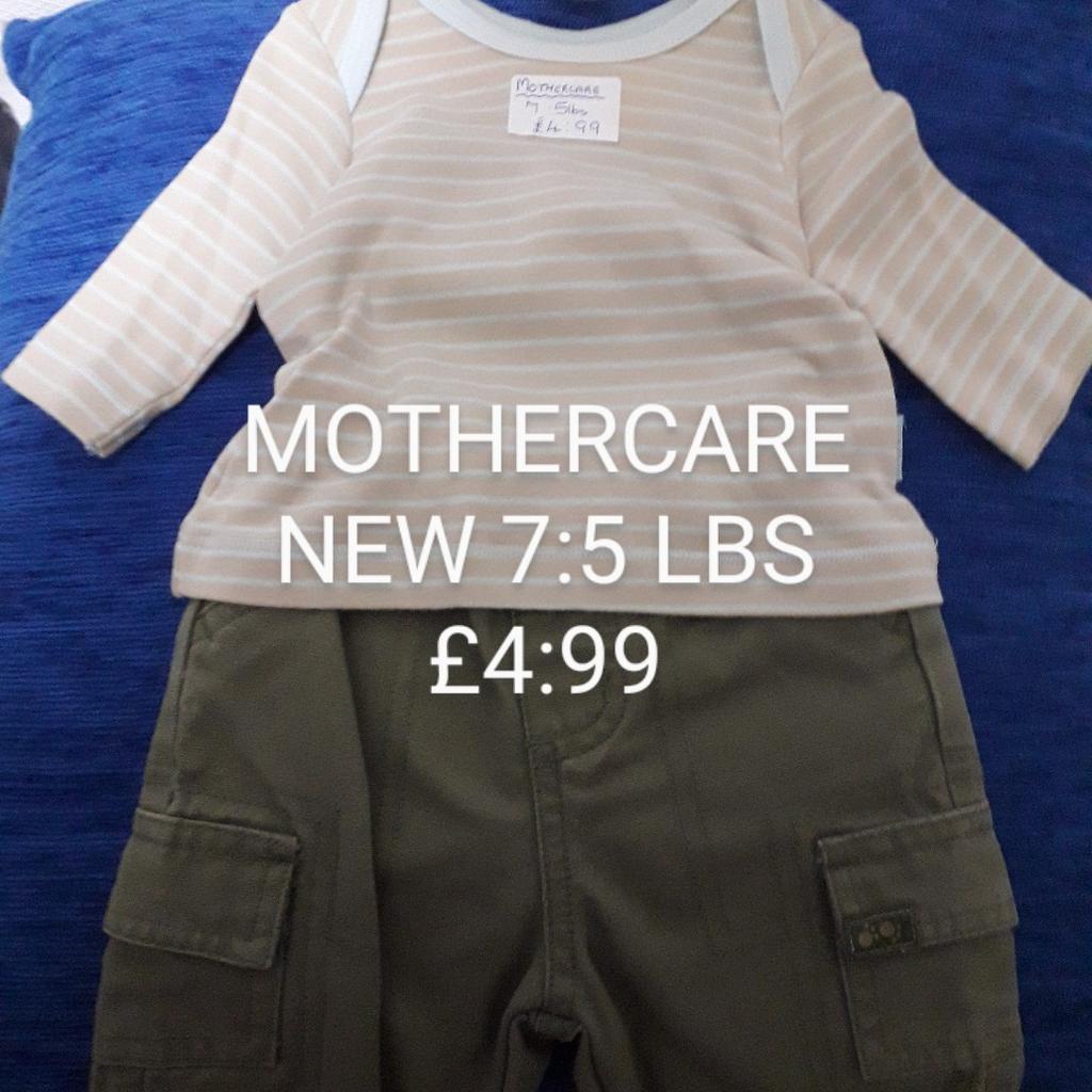 1st Mothercare Lovely and warm suite 7:5lbs £4:99.
2nd Mothercare top and pants 7:5 lbs £4:99.
3rd Top with motif, navy blue cords 7:5 lbs £5.
4th Cherokee green cords 7:5 lbs £2:90.
5th Eary Days 7:5lbs. lovely and soft jacket £3:90.