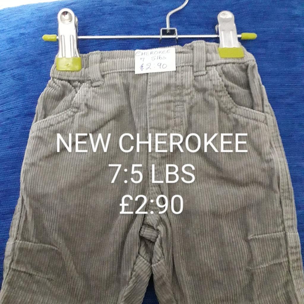 1st Mothercare Lovely and warm suite 7:5lbs £4:99.
2nd Mothercare top and pants 7:5 lbs £4:99.
3rd Top with motif, navy blue cords 7:5 lbs £5.
4th Cherokee green cords 7:5 lbs £2:90.
5th Eary Days 7:5lbs. lovely and soft jacket £3:90.