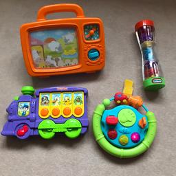 Animal loco with animal sounds and music. 
Steering wheel with car sounds and music
Wind up moving TV screen which plays Old MacDonald had a farm nursery rhyme
Little Tikes shaker/rattle with spinner and beads inside.
