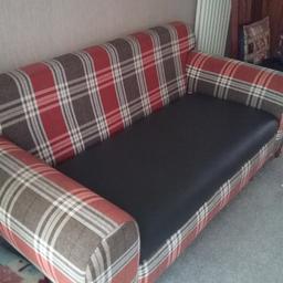 Tartan settee with faux leather seat good condition