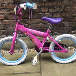 Lovely girl bicycle with Disney princess theme, perfect Christmas gift! 16 inch wheel size. We lost one ribbon tassel to the front (as per picture) but otherwise in very good condition. Bought from Argos (https://www.argos.co.uk/product/6983712?clickSR=slp:term:kids%20bike:12:14:1) and currently retailing for £115. Collection from W9