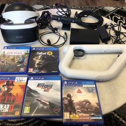 PlayStation VR headset, camera, gun controller +games.

Hours of entertainment with VR everything on pictures follows. Will work also on ps5 just need to order a adapter which Sony will provide for free!

Games that follow:
Farpoint (VR game)
Far Cry new dawn
Red Dead Redemtion 2
Fallout 76
Need for speed rivals